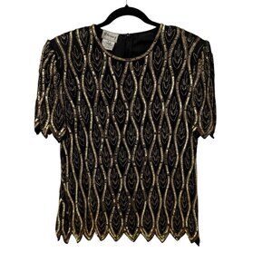 STENAY TOP VINTAGE BEADED SEQUINS SILK ART TO WEAR SCALLOPED SIZE L EMBELLISHED